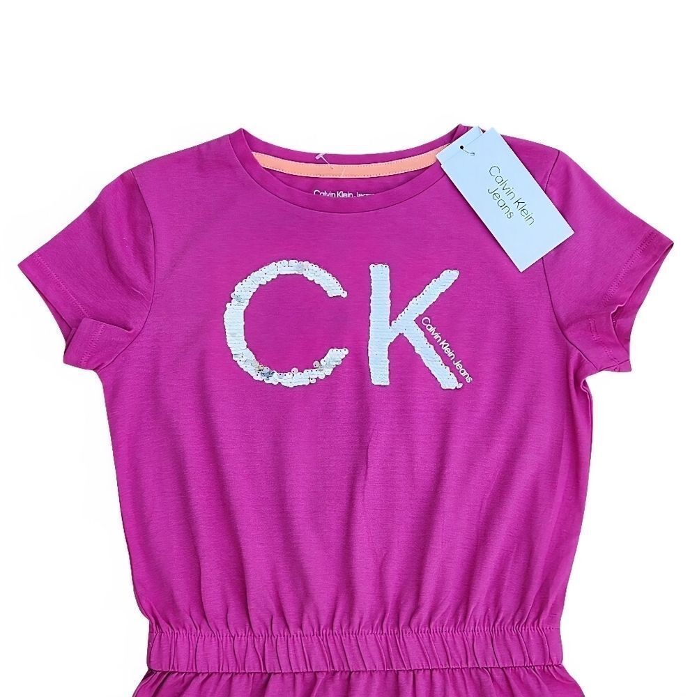 Calvin Klein Girls Dress Pink Casual Dress With Sequins Logo Size M (8-10 Y) - Picture 2 of 11